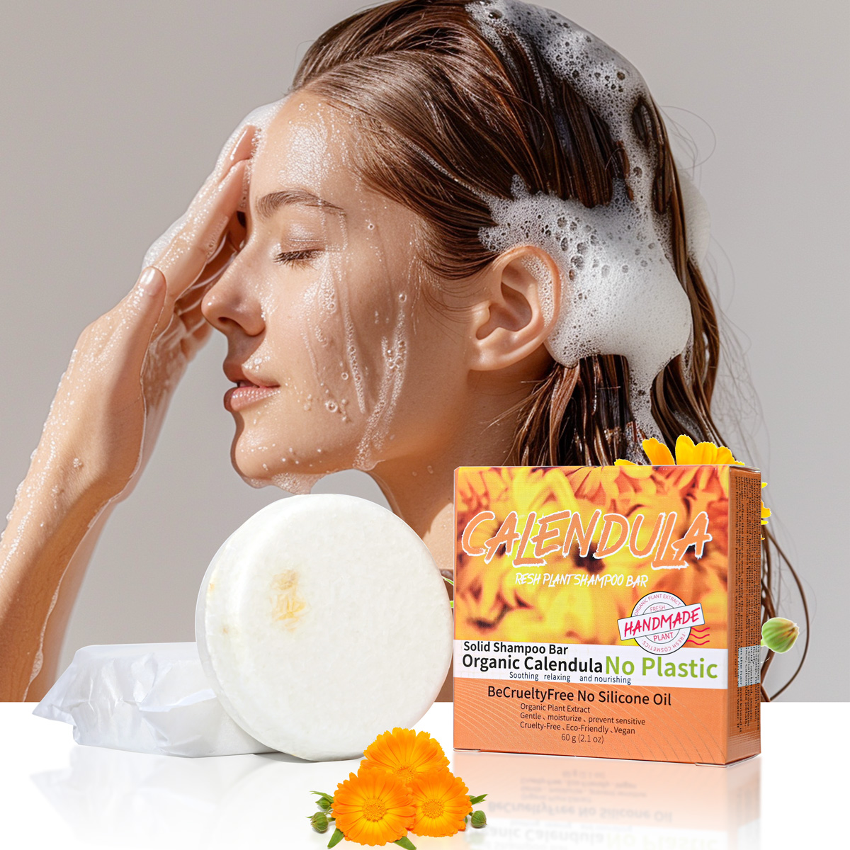 Castor Oil Soap - สบู่แชมพูน้ำมันหอมระเหยดอกดาวเรืองและพืชต่างๆ สบู่ทำมือที่มีกลิ่นหอมเข้มข้น ควบคุมความมันและบำรุงเส้นผมให้ชุ่มชื้น