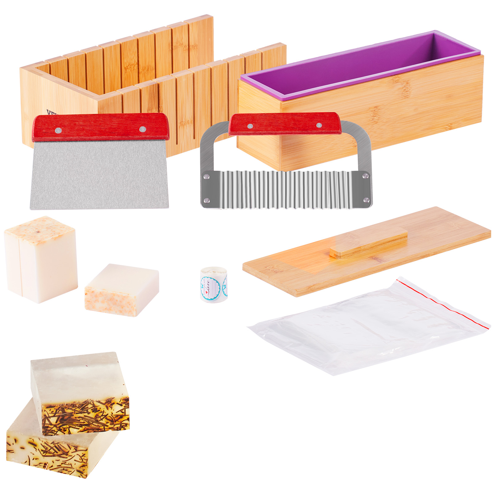 Soap Making Ideas - ชุดทำสบู่ VEVOR กล่องตัดไม้ไผ่และกล่องด้านในพร้อมแม่พิมพ์ซิลิโคน ที่ตัดสแตนเลสแบบตรงและแบบลอน